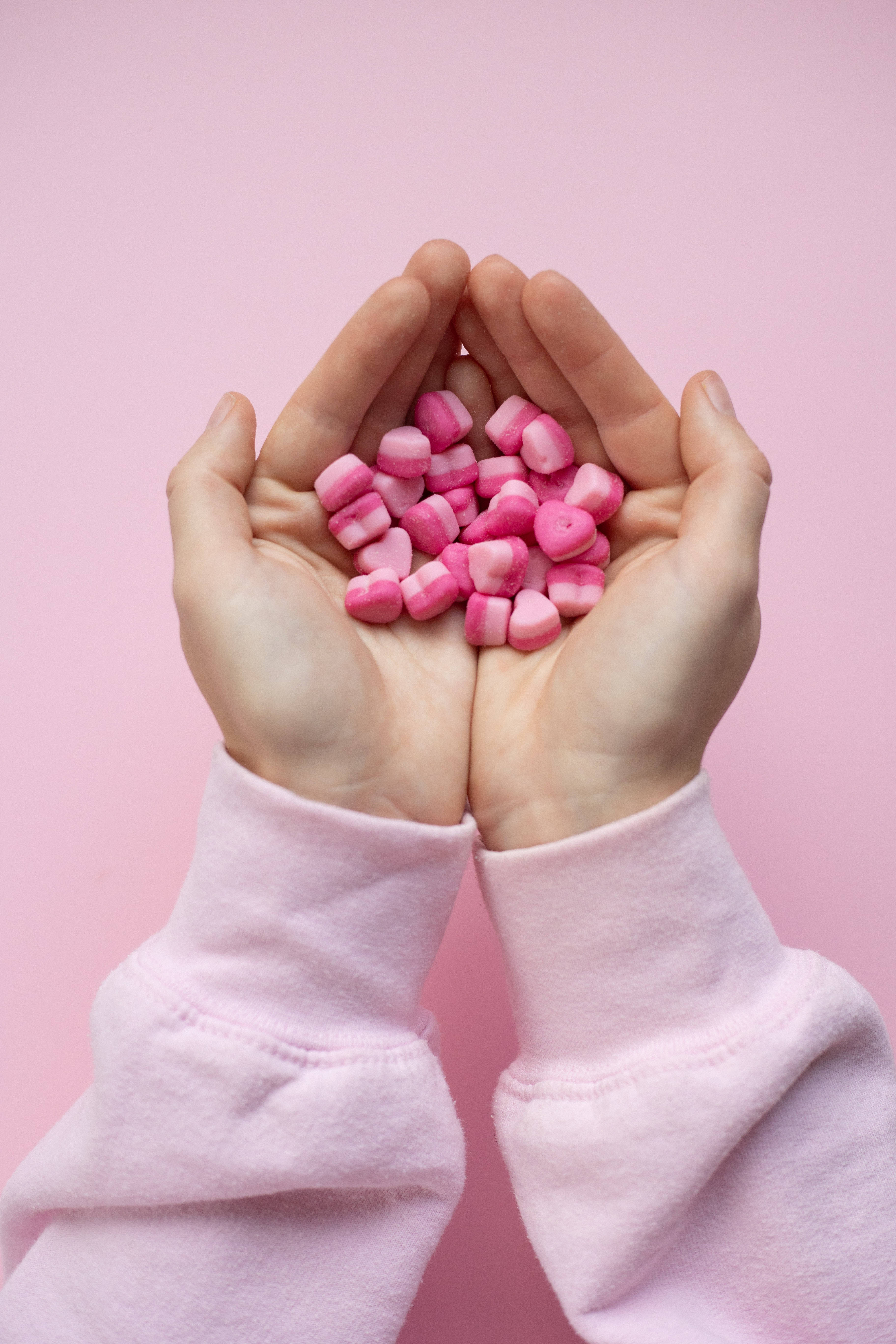 light pink candies, pink heart-shaped marshmallows, soft pink sweater, 5K Phone Wallpaper