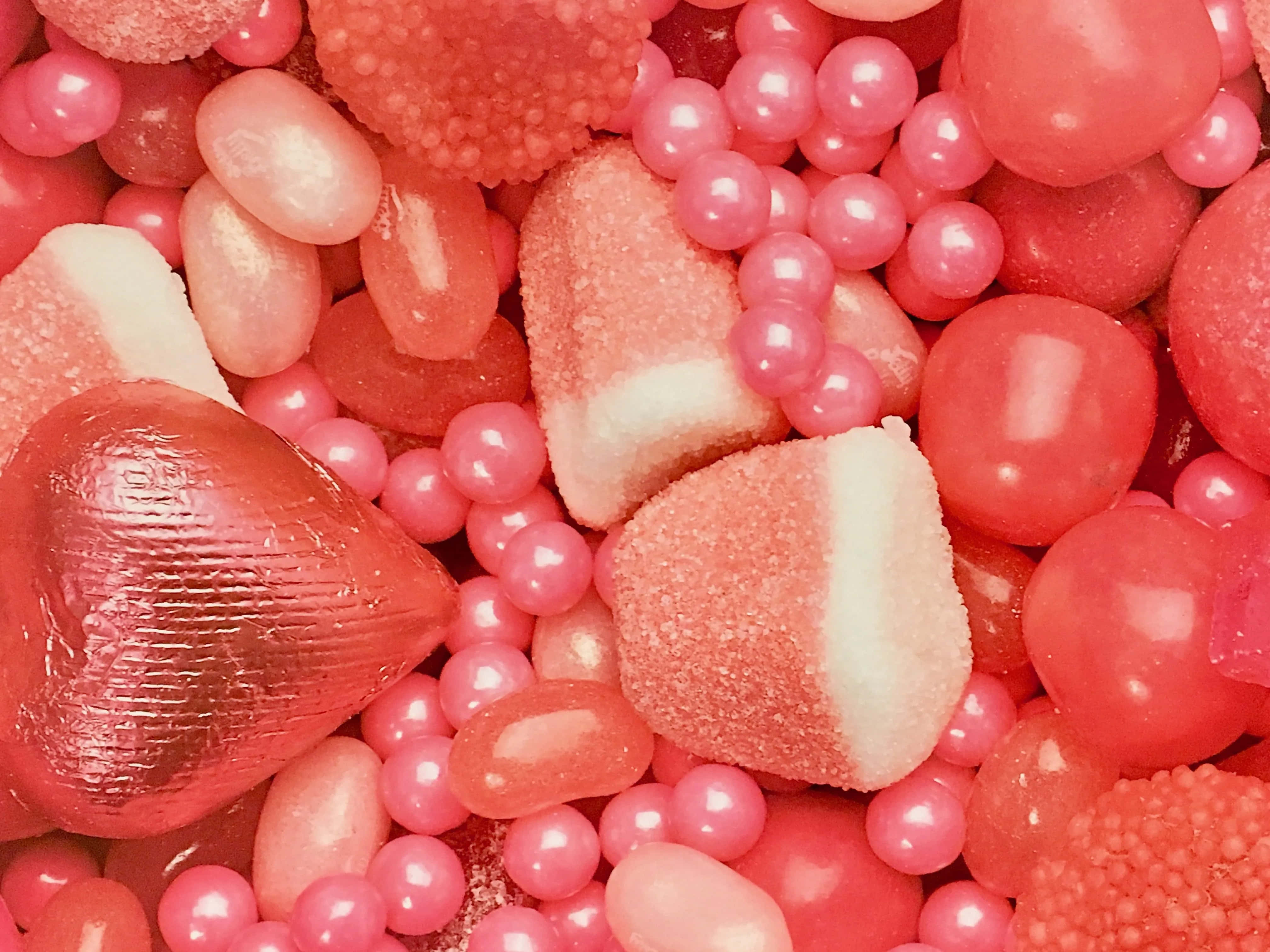 pink candies, heart-shaped chocolates, sugar-coated spheres, 4K Desktop Wallpaper