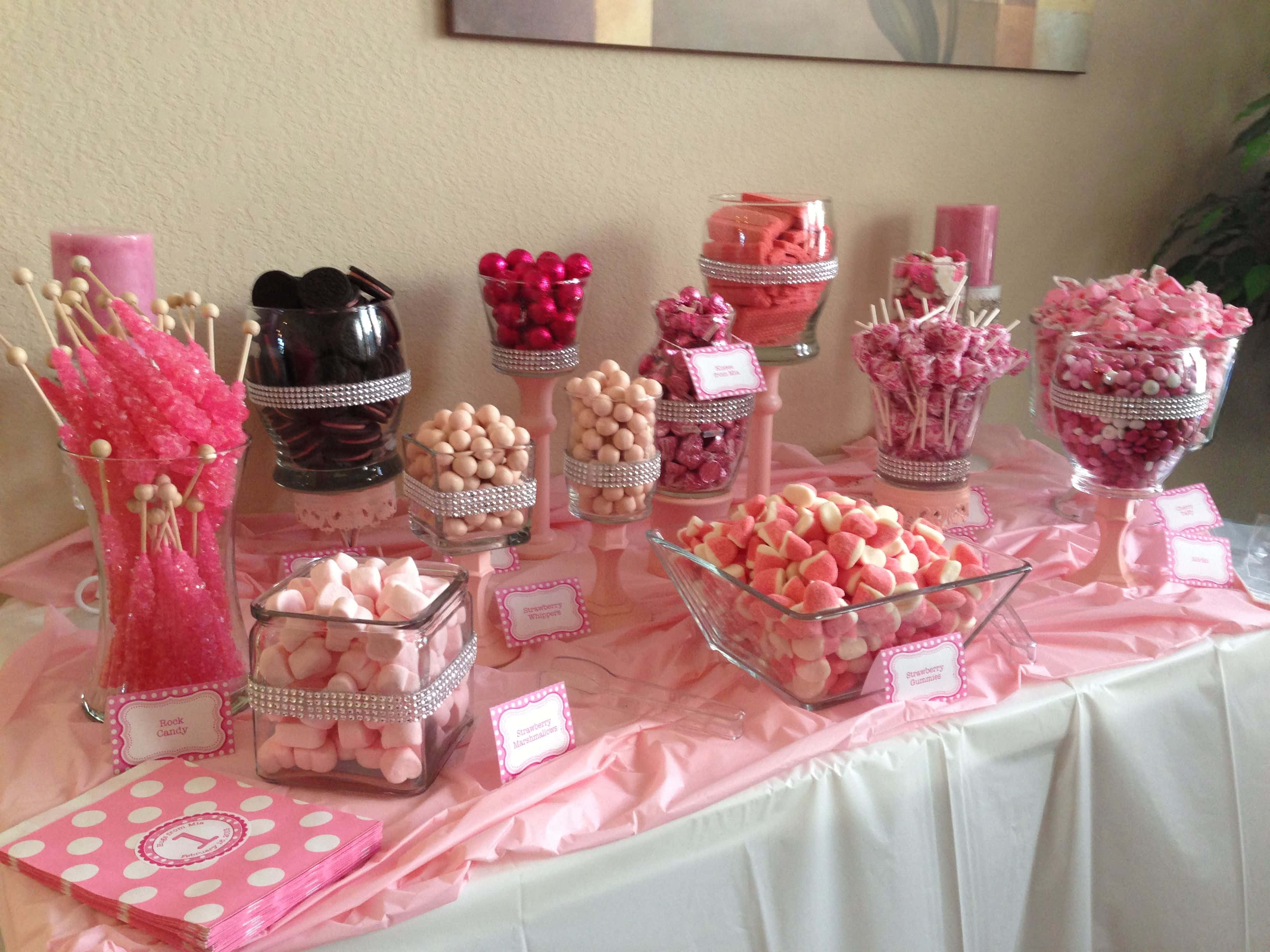 Pink Candy, glittering glass jars, heart-shaped candies, 2K Desktop Wallpaper