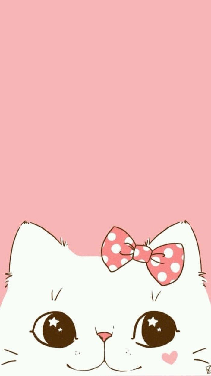 Pink Cat, white cartoon cat, pink polka dot bow, SD Phone Wallpaper