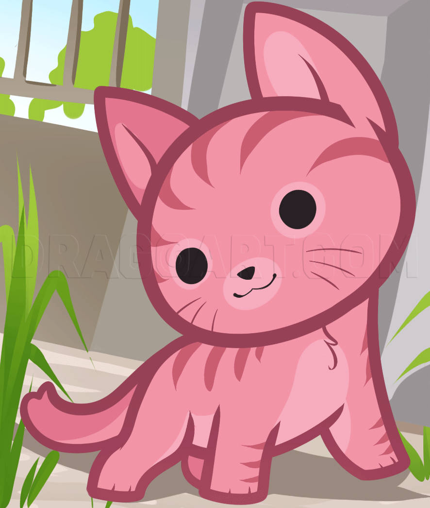 Pink Cat, cute pink cartoon kitten, big eyes, SD Phone Wallpaper