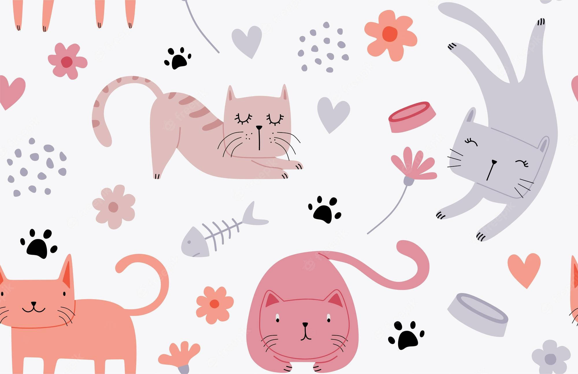 pink cat, pastel-colored, cartoon cats, Full HD Desktop Wallpaper