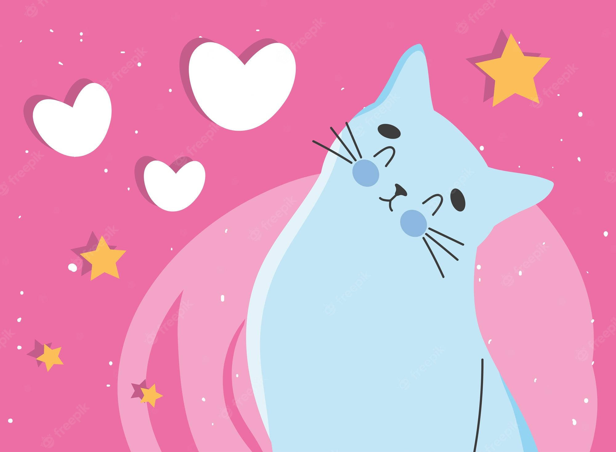 Pink Cat, light blue cartoon cat, pink tail, Full HD Desktop Wallpaper