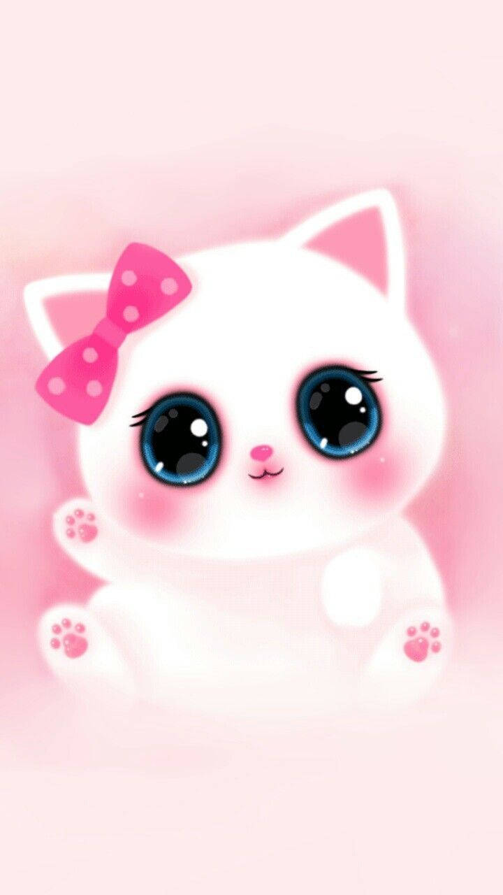 Pink Cat, white cartoon kitten, big blue eyes, HD Phone Wallpaper