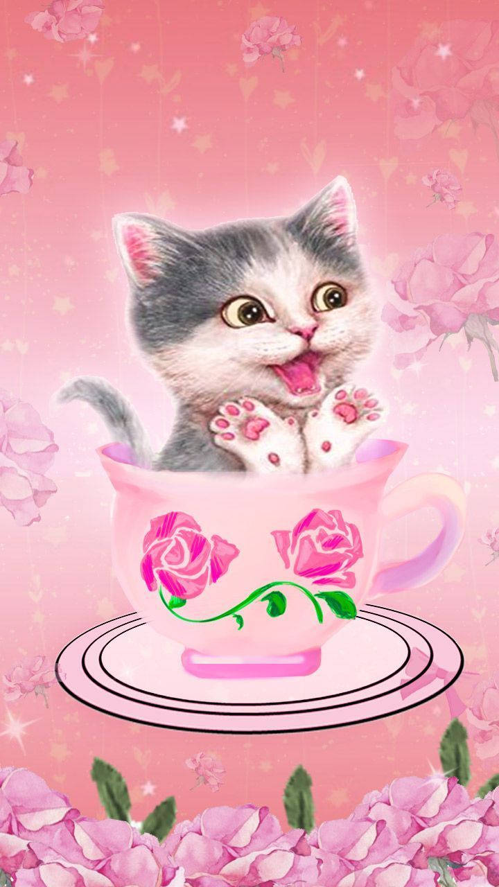 pink cat, gray kitten, pink teacup, HD Phone Wallpaper