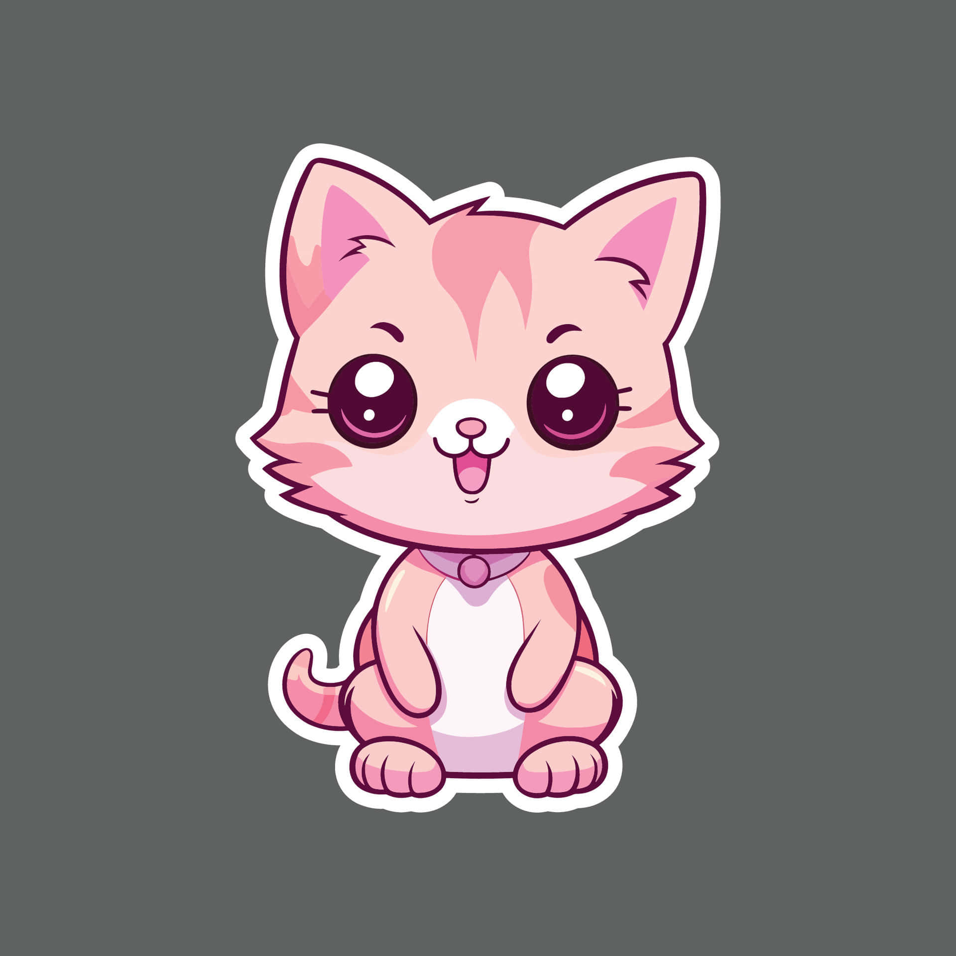 pink cartoon cat, cute pink cartoon kitten, big eyes, Full HD Desktop Wallpaper
