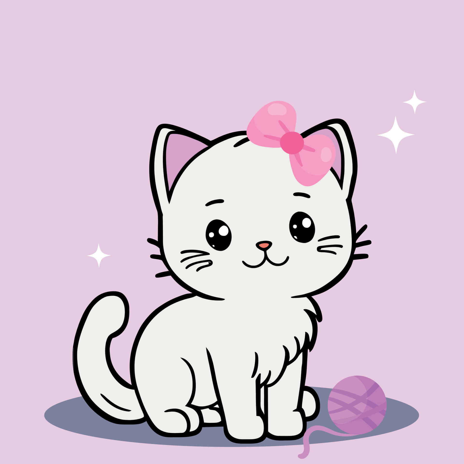 pink bow, white cartoon kitten, purple yarn ball, Full HD Desktop Wallpaper