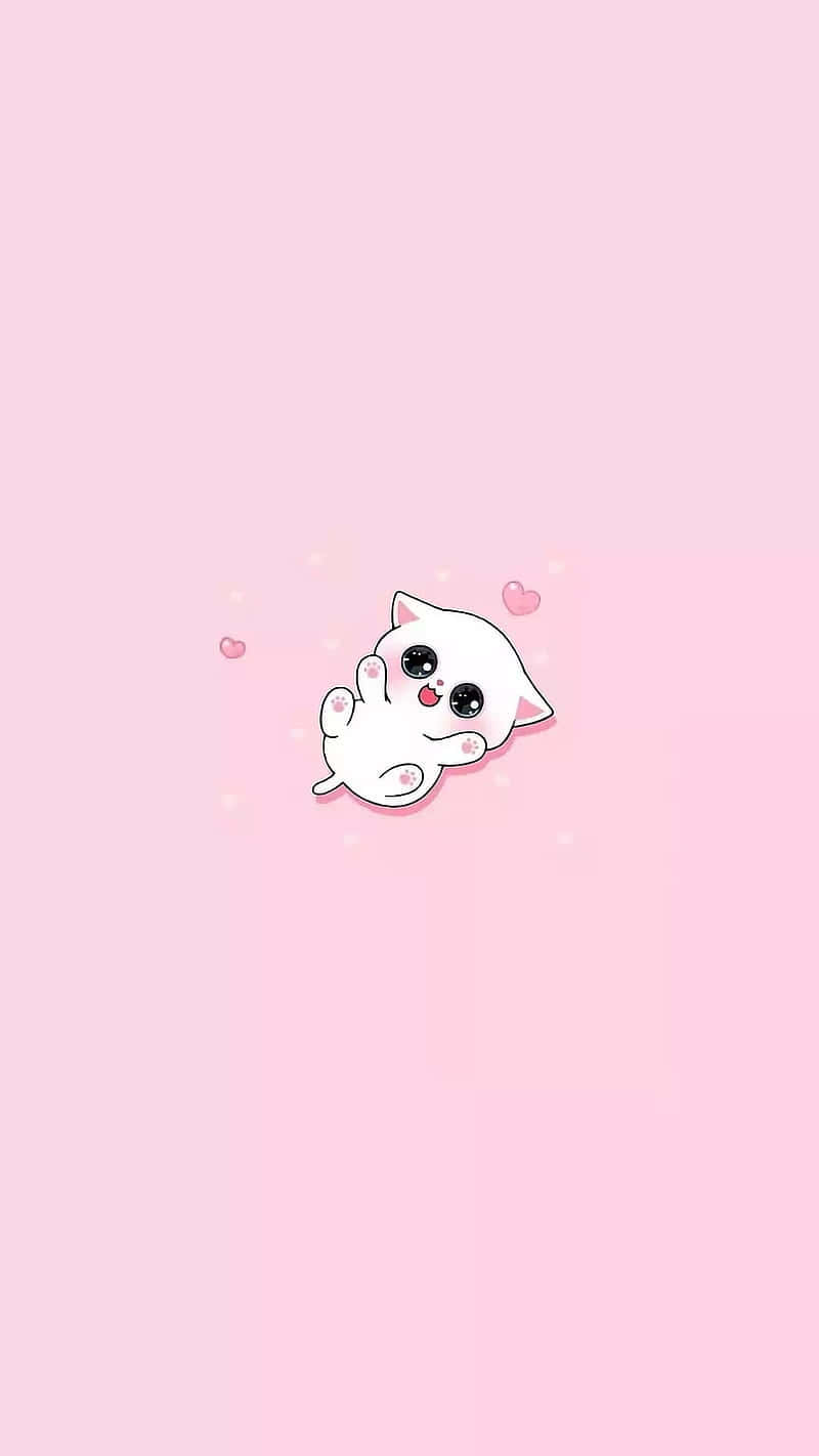 pink cat, white cartoon kitten, big eyes, HD Phone Wallpaper