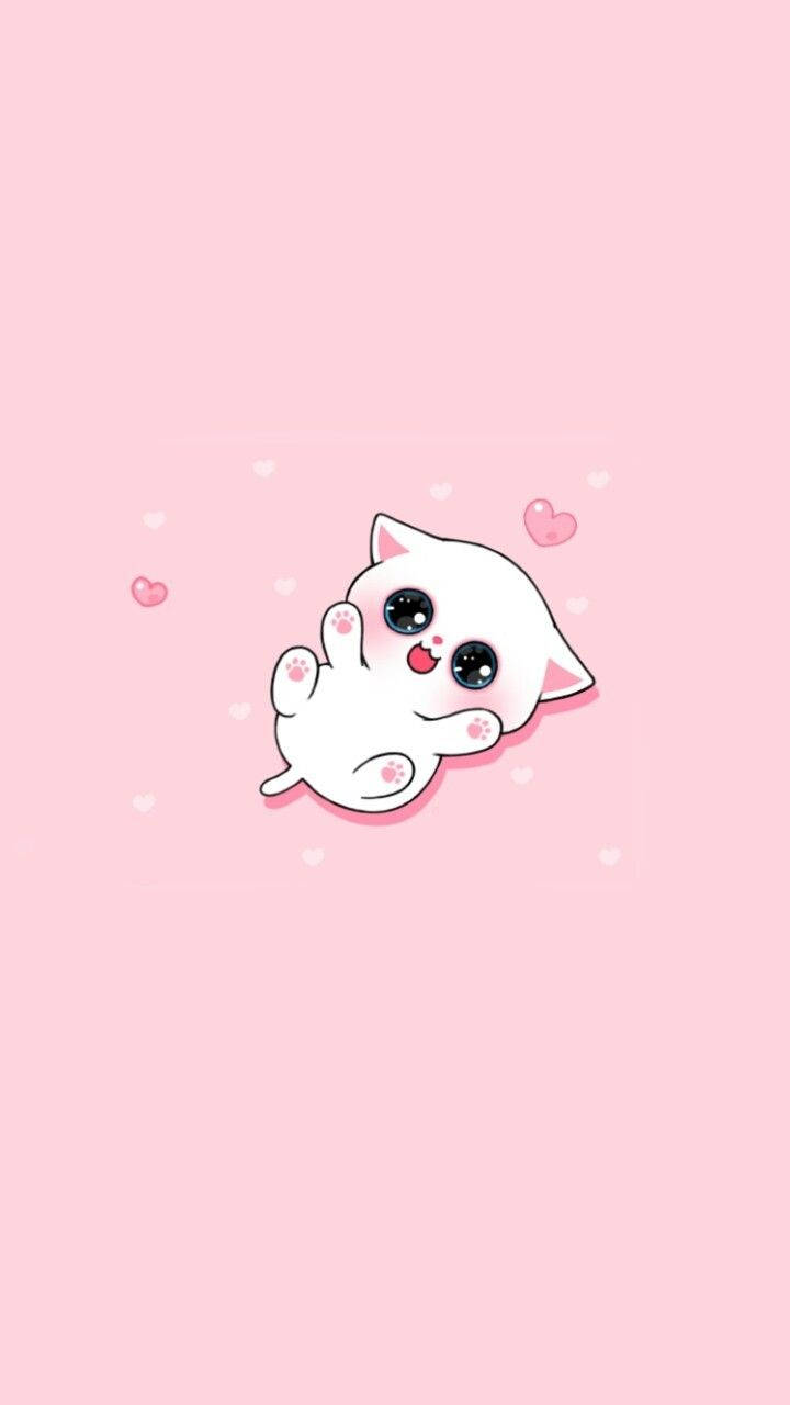 Pink Cat, white cartoon kitten, big eyes, HD Phone Wallpaper