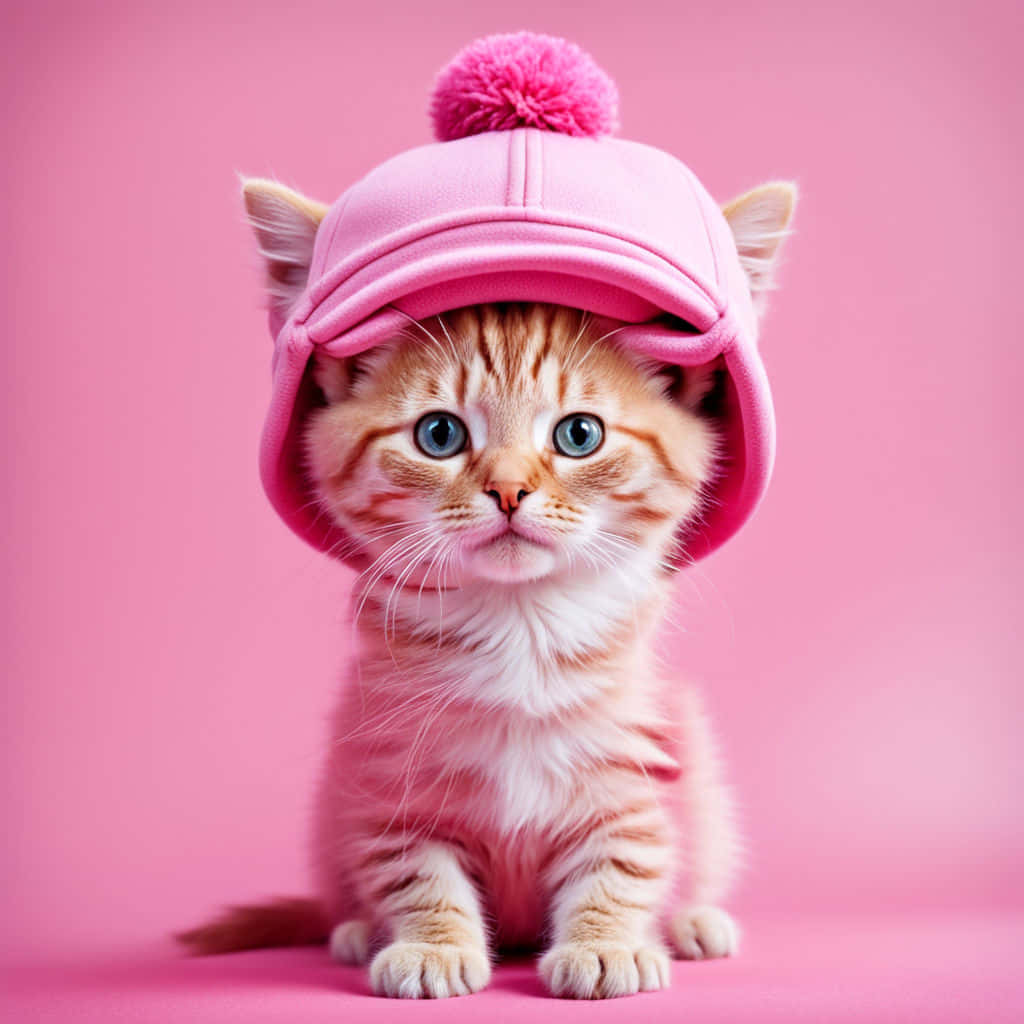 orange tabby kitten, blue eyes, pink hat with a pom pom, SD Desktop Wallpaper