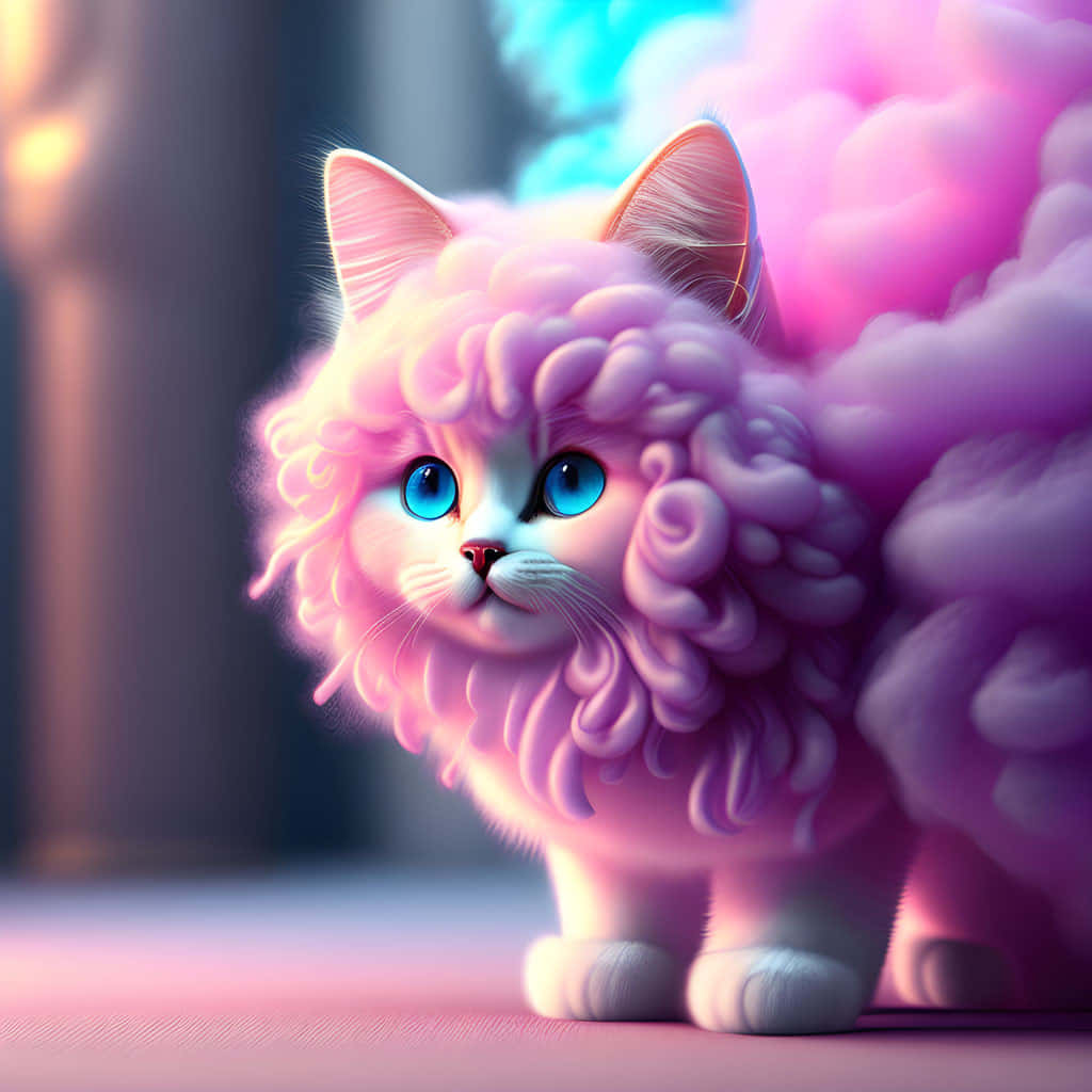 pink cat, blue eyes, pastel clouds, SD Desktop Wallpaper