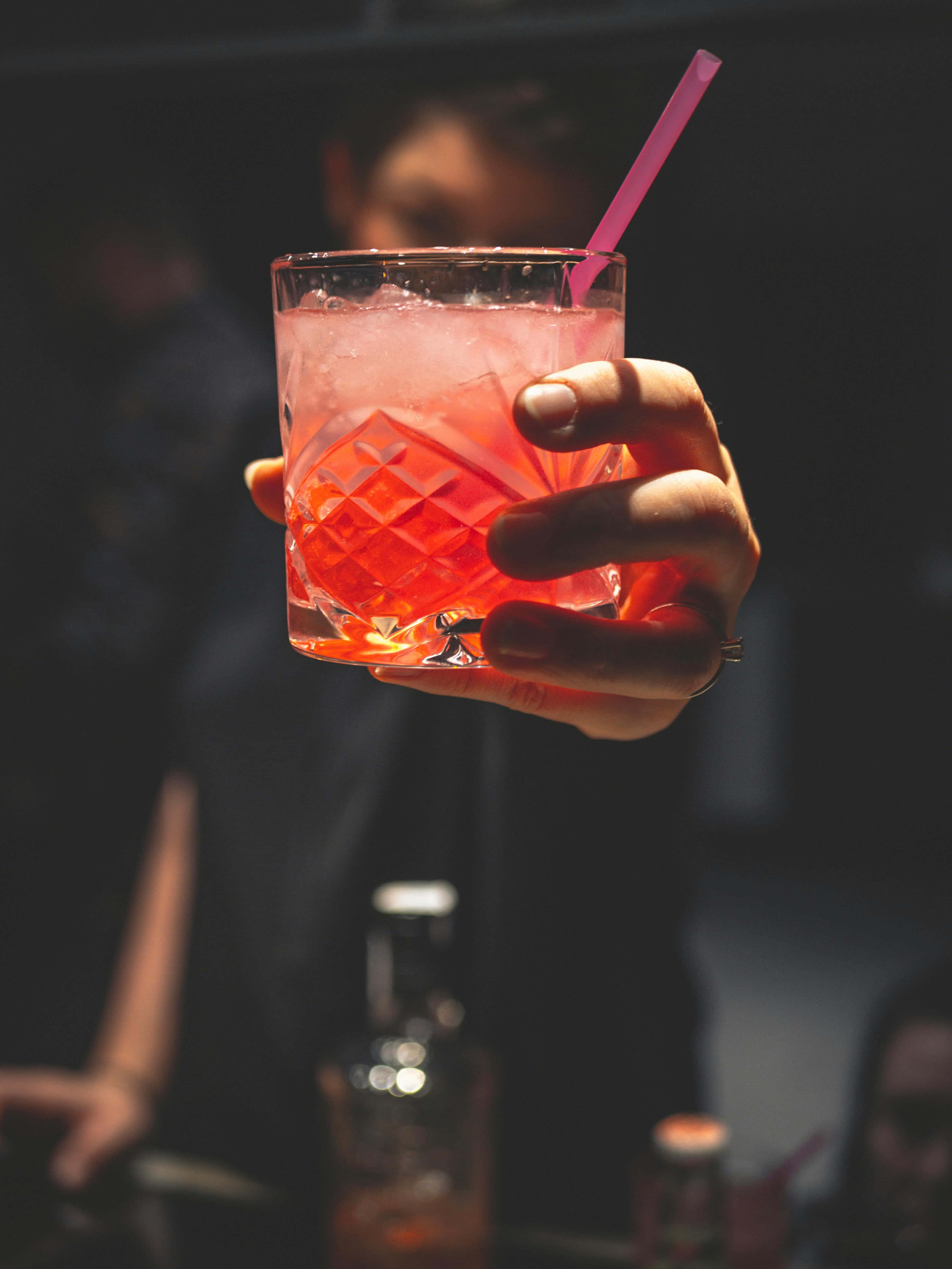 vibrant pink cocktail, faceted glass, pink straw, 5K Phone Wallpaper