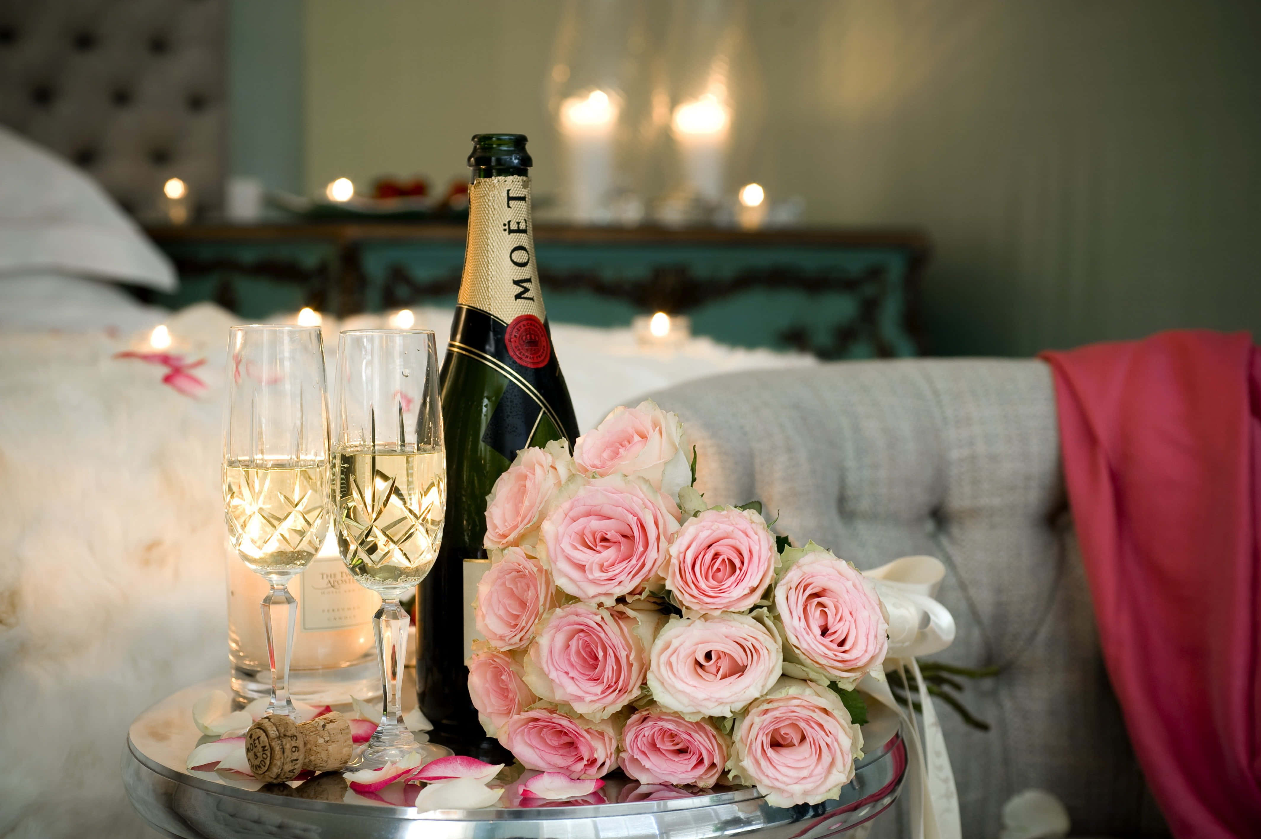 Pink Champagne, pink roses, champagne, 4K Desktop Wallpaper