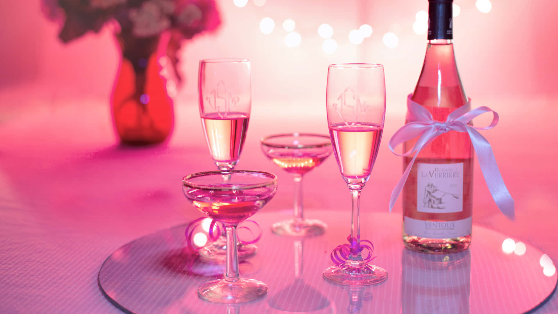 Pink Champagne, flutes, bottle, Full HD Desktop Wallpaper