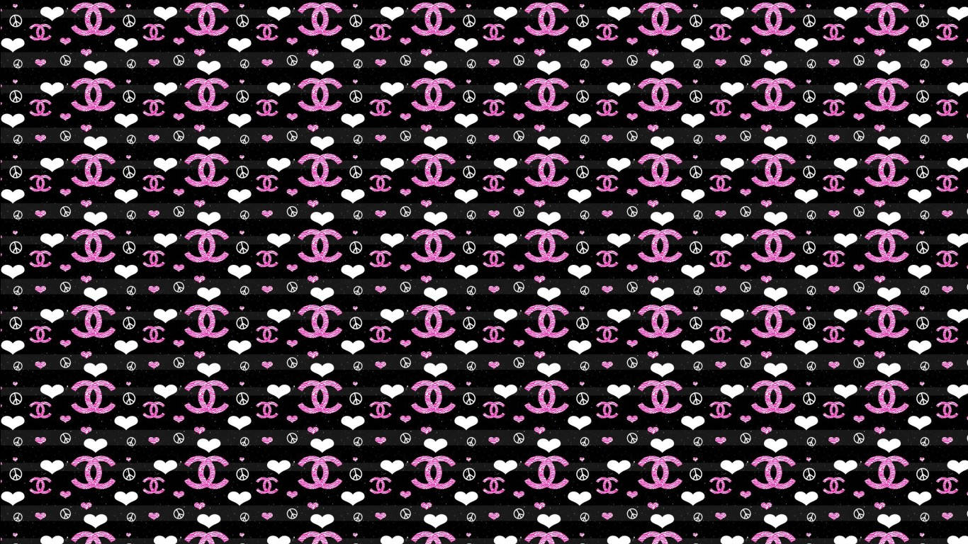 Pink Chanel Logo, black textured background, white hearts, HD Desktop Wallpaper