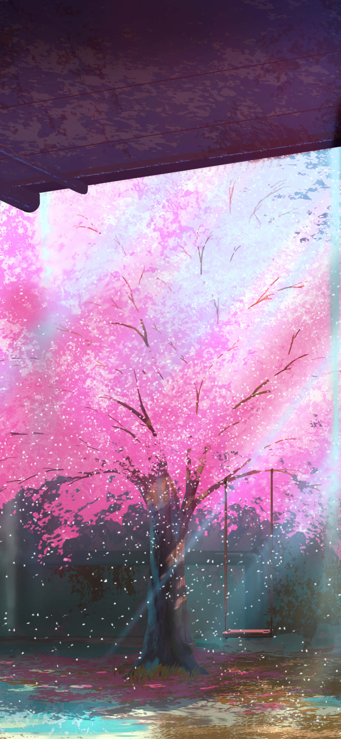 pink cherry blossom tree, swing, wooden roof, Full HD Phone Wallpaper