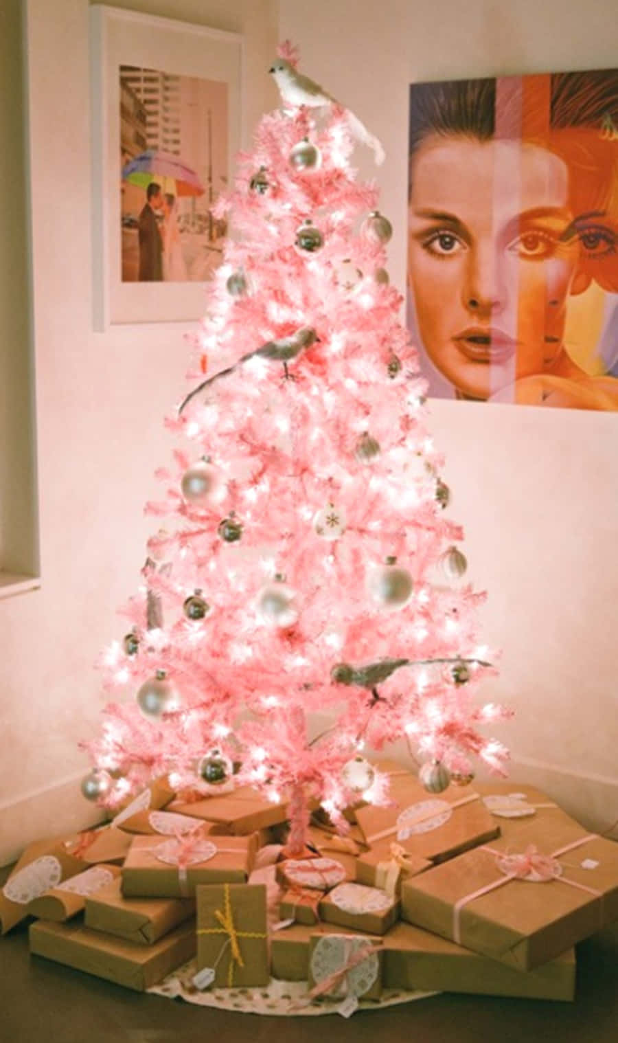 cute pink christmas, pink artificial Christmas tree, silver ornaments, HD Phone Wallpaper
