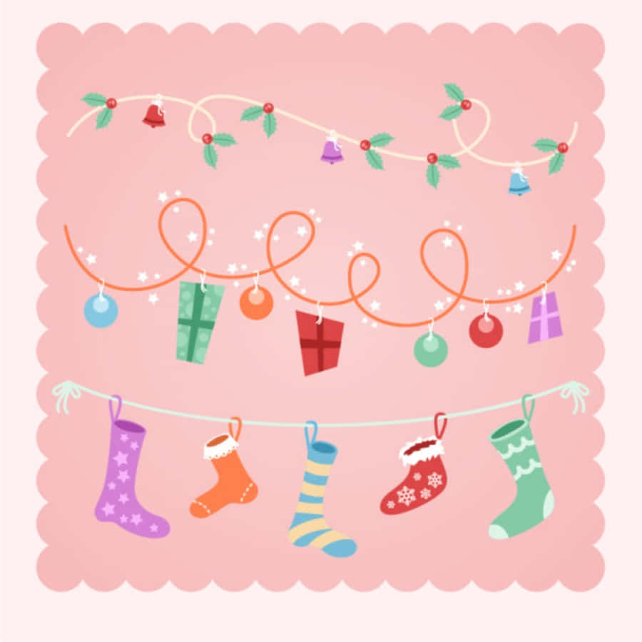 Cute Pink Christmas Socks And Gifts, soft pink scalloped background, colorful Christmas stockings, SD Desktop Wallpaper
