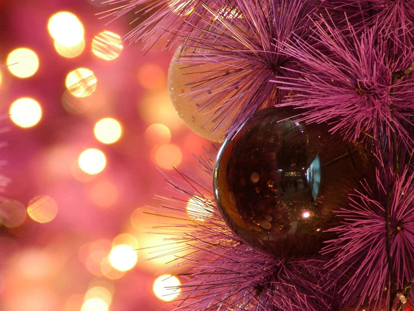 Pink Christmas Ball Decoration, vibrant purple tinsel tree, shiny ornaments, HD Desktop Wallpaper