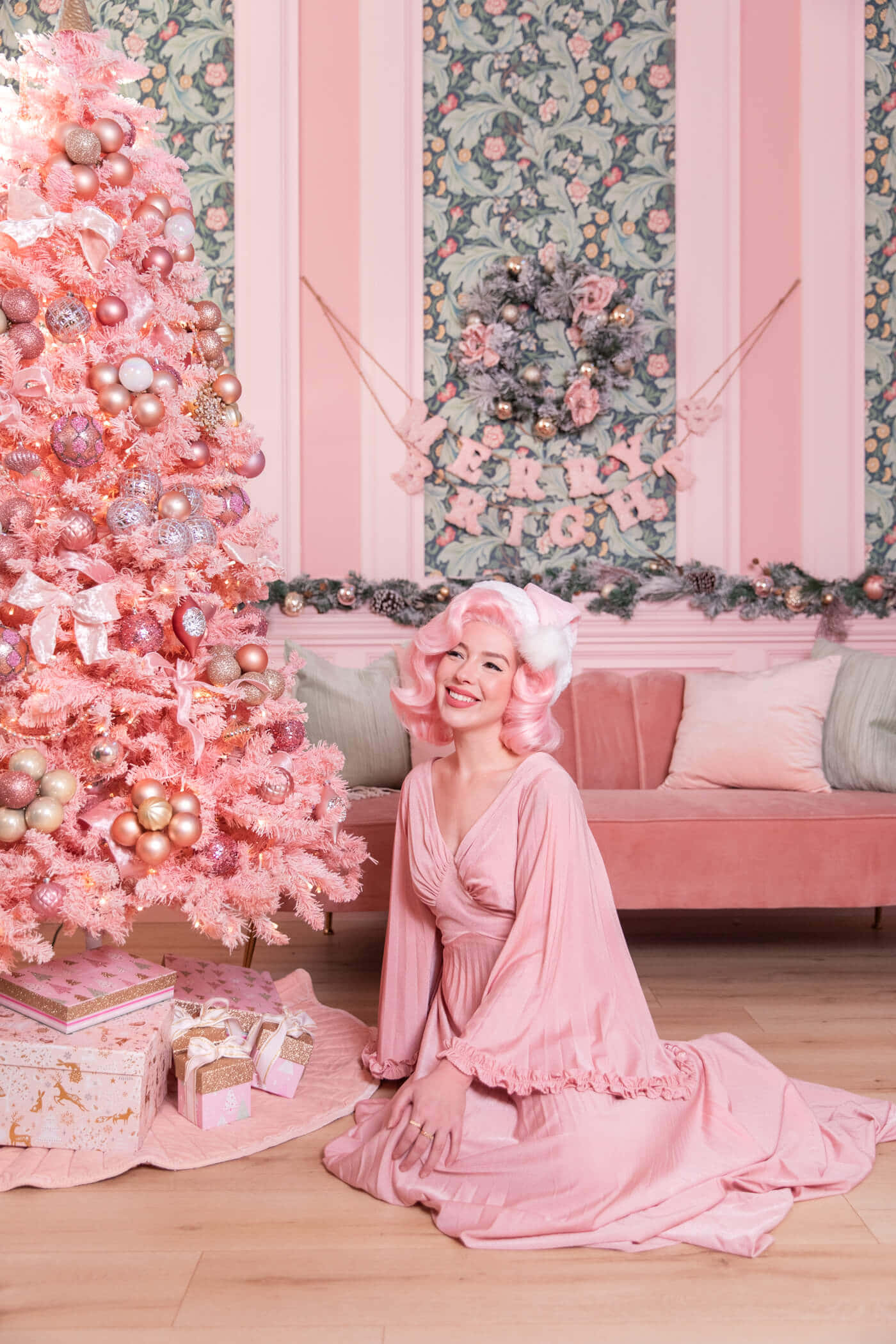 vintage pink christmas elegance, pink hair, pink dress, Full HD Phone Wallpaper