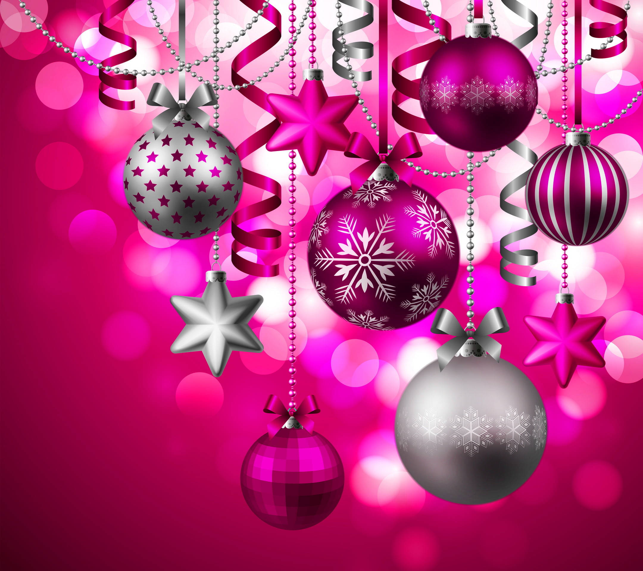 Pink Christmas Ornaments, shimmering pink, silver, Full HD Desktop Wallpaper