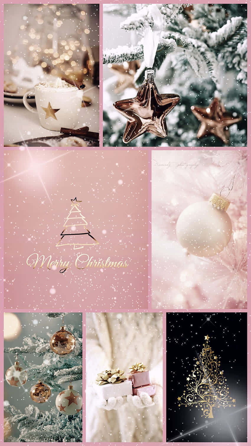 Pink Christmas Collage Aesthetic, snow-dusted trees, gold ornaments, HD Phone Wallpaper