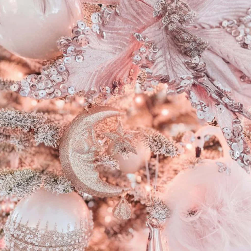 pink Christmas tree, glittery ornaments, moon stars, SD Desktop Wallpaper