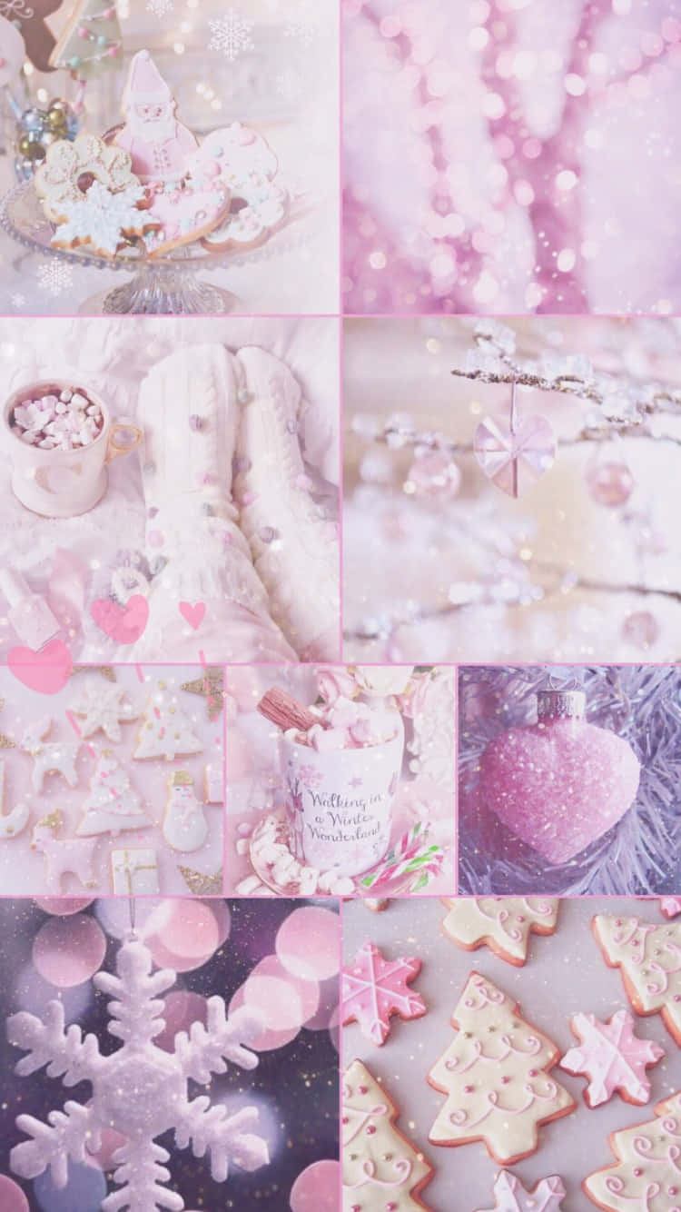 Pink Christmas Collage Aesthetic, cookies, snowflakes, HD Phone Wallpaper