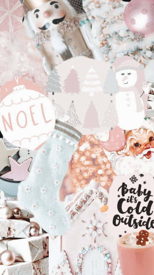 Pink Christmas Collage Aesthetic, soft pink and white, nutcracker snowman ornaments, SD Phone Wallpaper