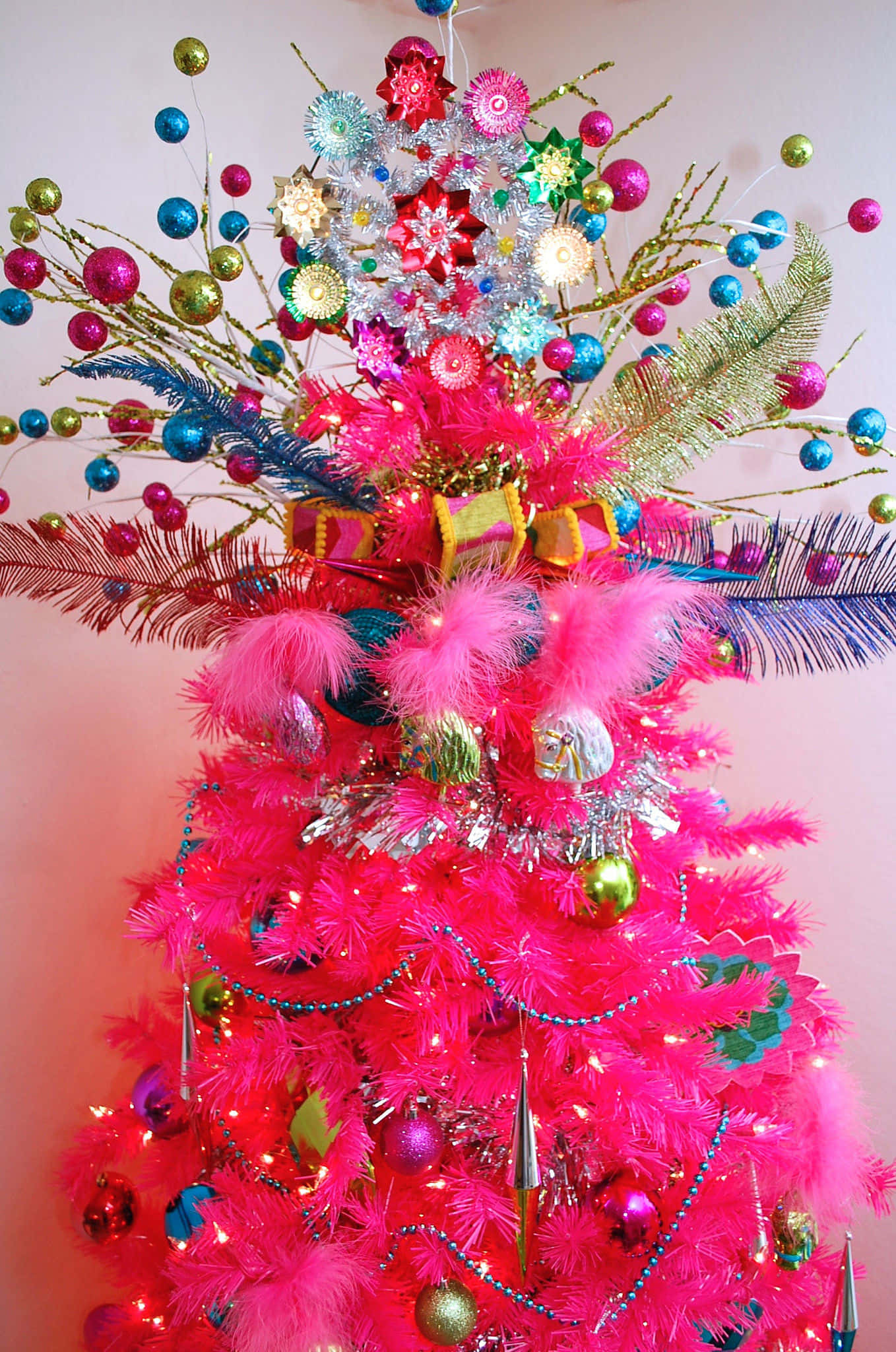 pink Christmas tree, vibrant pink artificial Christmas tree, glittery ornaments, Full HD Phone Wallpaper