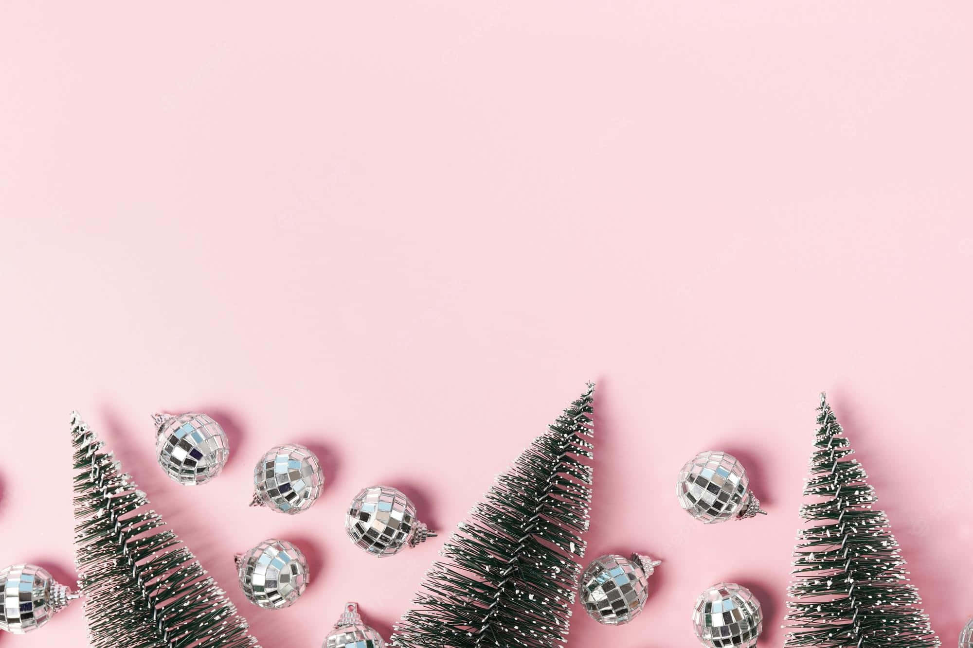 pink Christmas tree, silver disco ball ornaments, miniature trees, Full HD Desktop Wallpaper