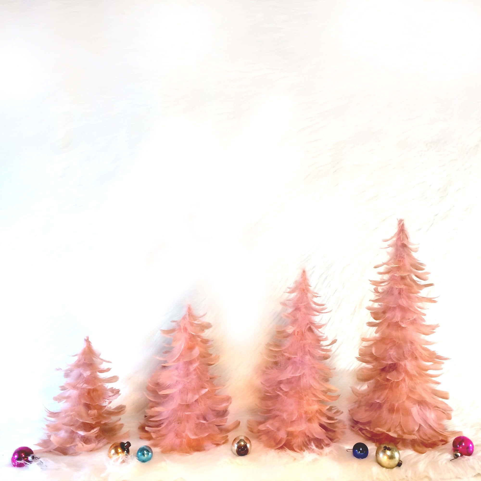 pink christmas tree, pastel pink feathered Christmas trees, fluffy white surface, Full HD Desktop Wallpaper