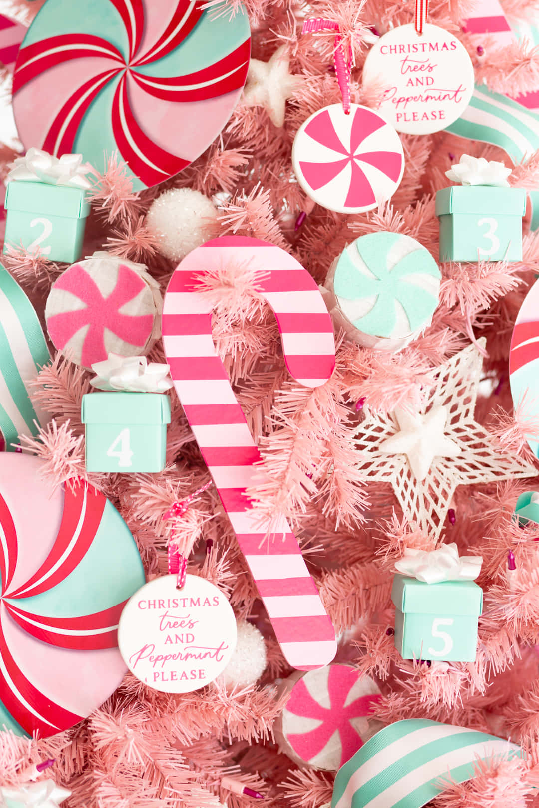 Pink Christmas Tree, candy cane ornaments, peppermint gifts, HD Phone Wallpaper