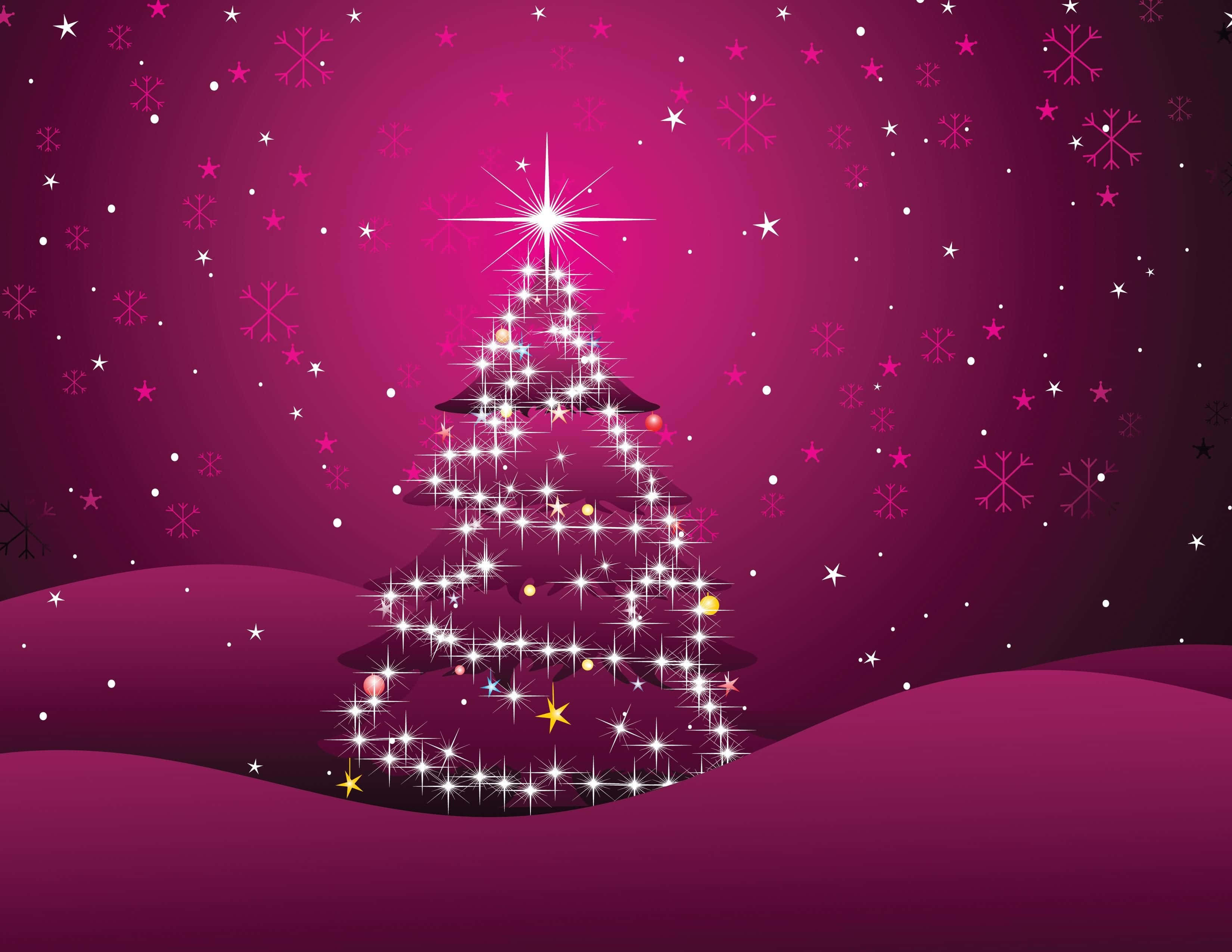 pink Christmas tree, magenta sky, falling snowflakes, 2K Desktop Wallpaper