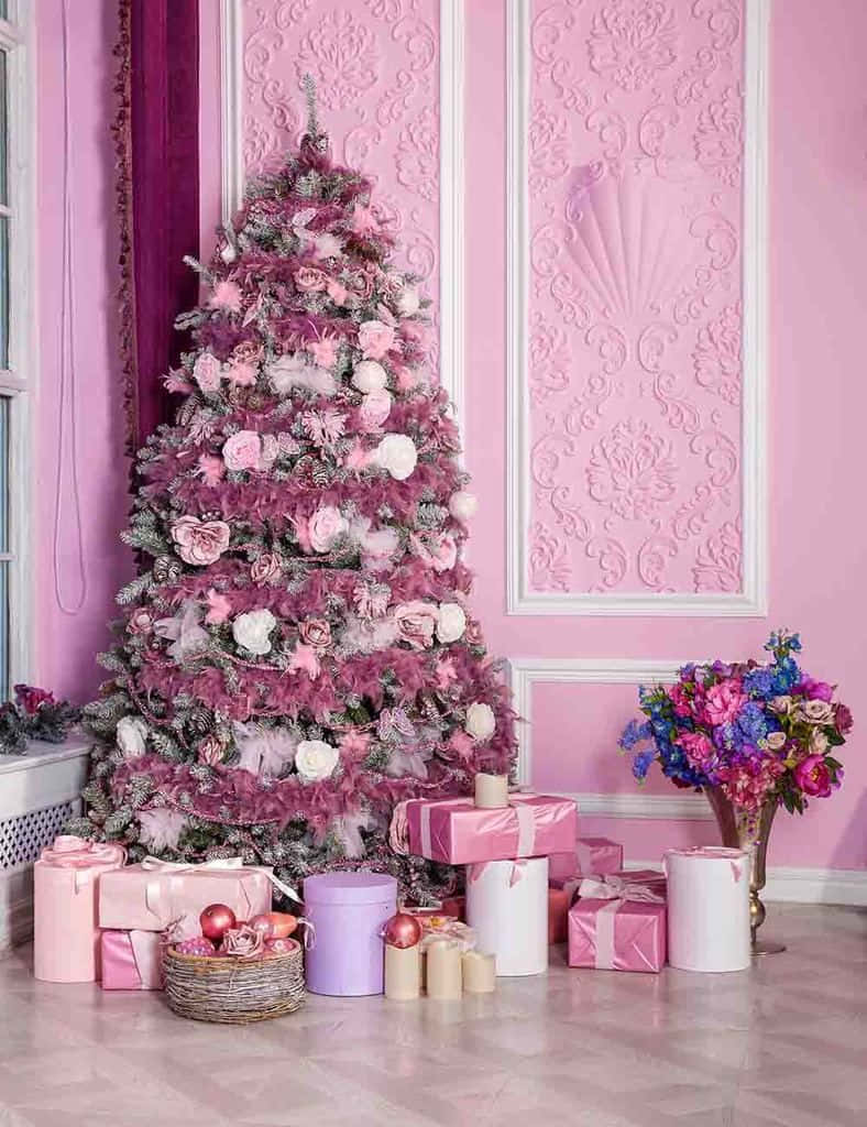 pink Christmas tree, floral wallpaper, ornate pink room, SD Phone Wallpaper