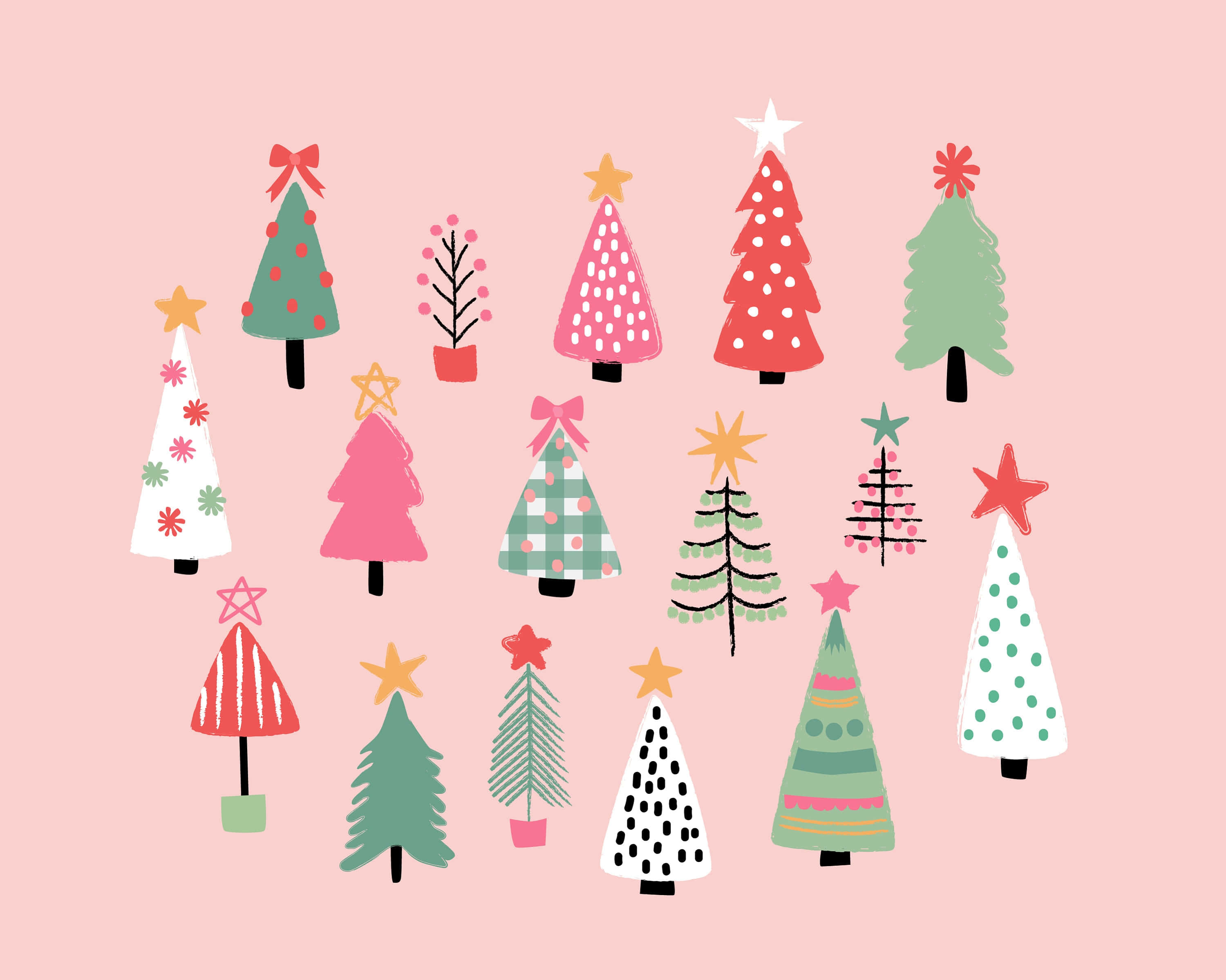 Pink Christmas Tree, pastel colors, playful patterns, 2K Desktop Wallpaper