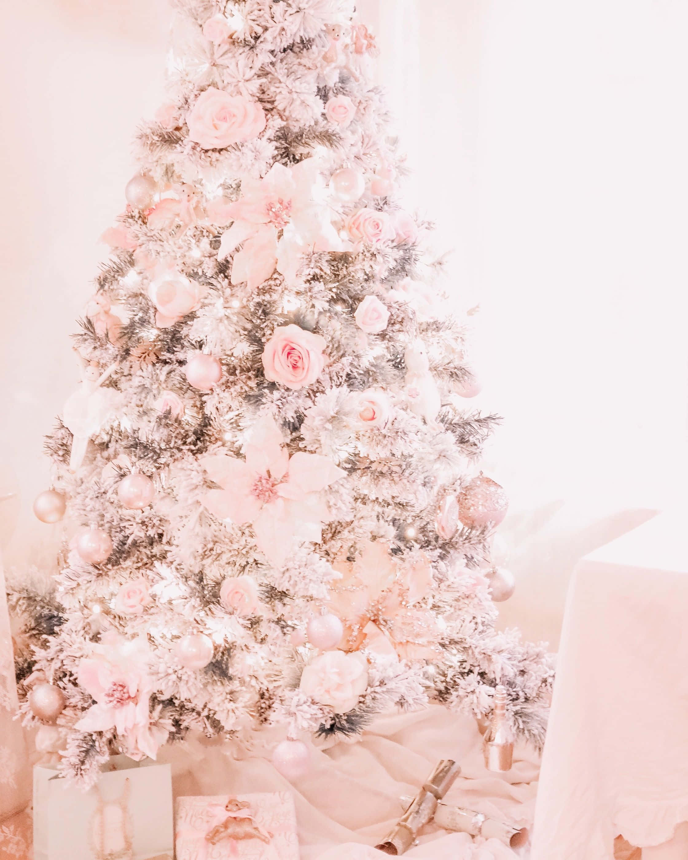 Pink Christmas Tree, frosted Christmas tree, soft pink roses, 2K Phone Wallpaper