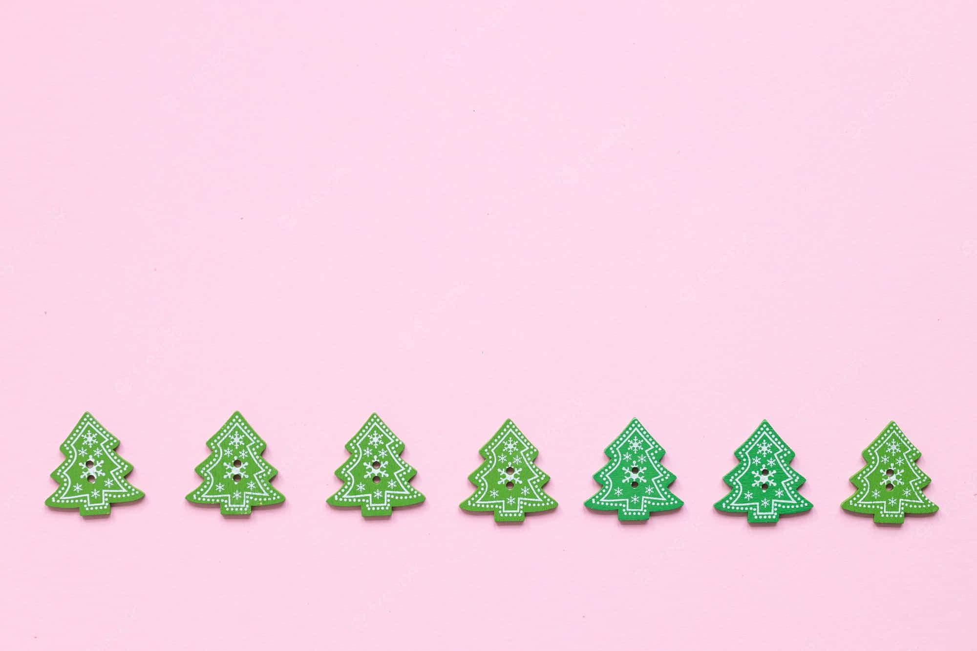 Pink Christmas Tree, green Christmas tree-shaped buttons, white snowflake patterns, Full HD Desktop Wallpaper