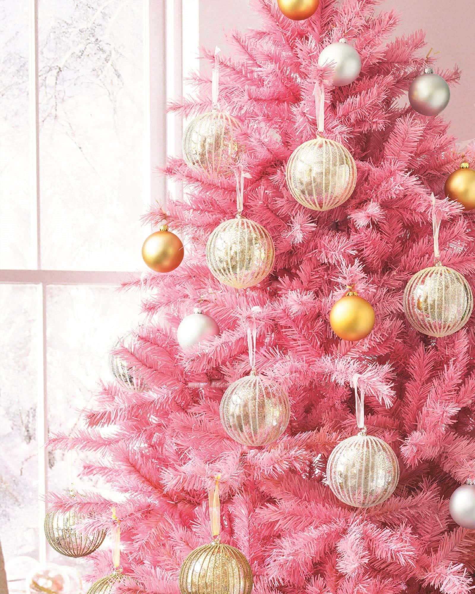 pink christmas tree, gold ornaments, silver ornaments, Full HD Phone Wallpaper