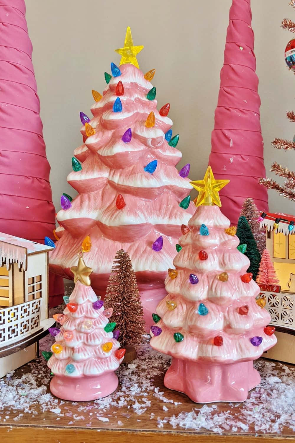 vintage pink christmas tree, pink ceramic Christmas trees, colorful lights, HD Phone Wallpaper
