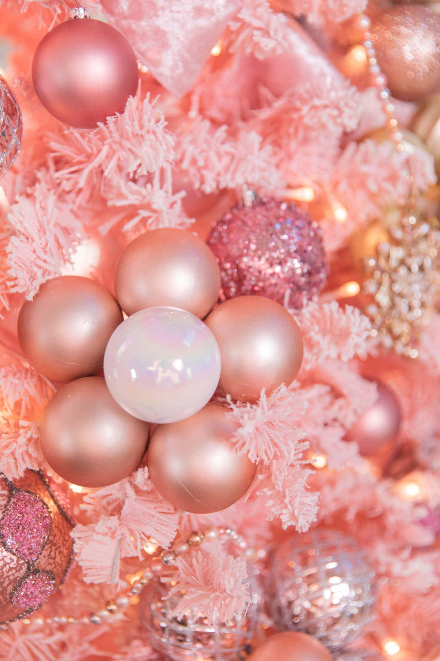 vintage pink christmas tree, pink frosted Christmas tree, rose gold ornaments, Full HD Phone Wallpaper