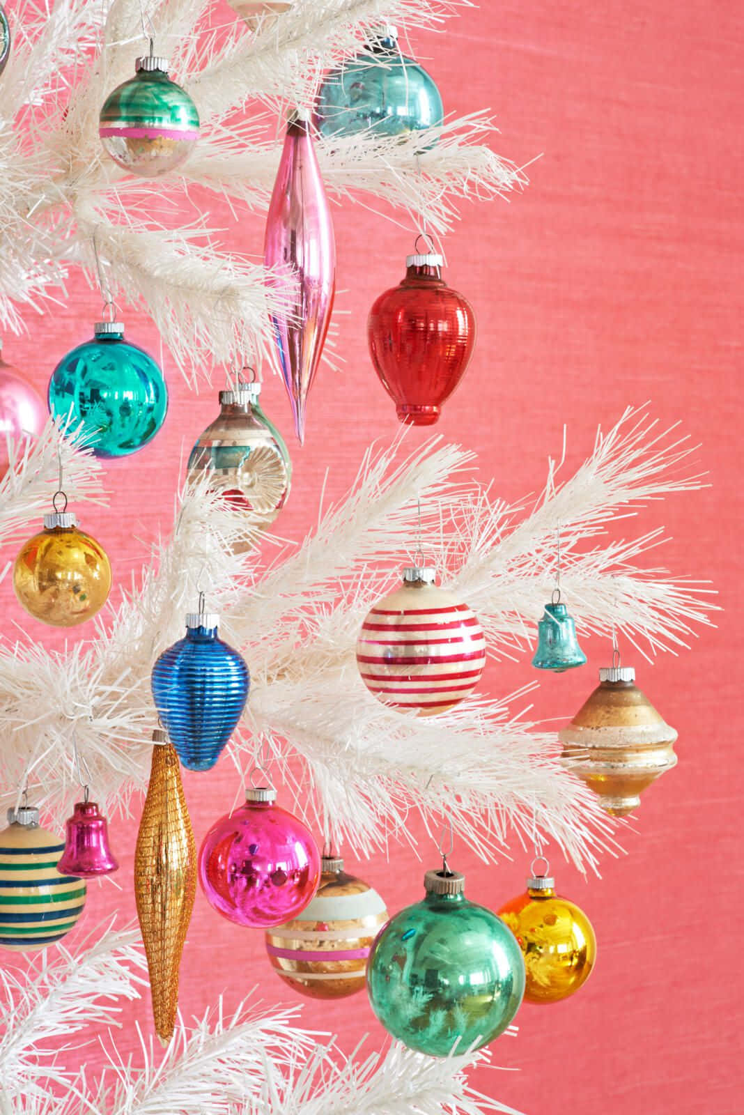 vintage pink christmas ornaments, white artificial tree, bold pink backdrop, HD Phone Wallpaper