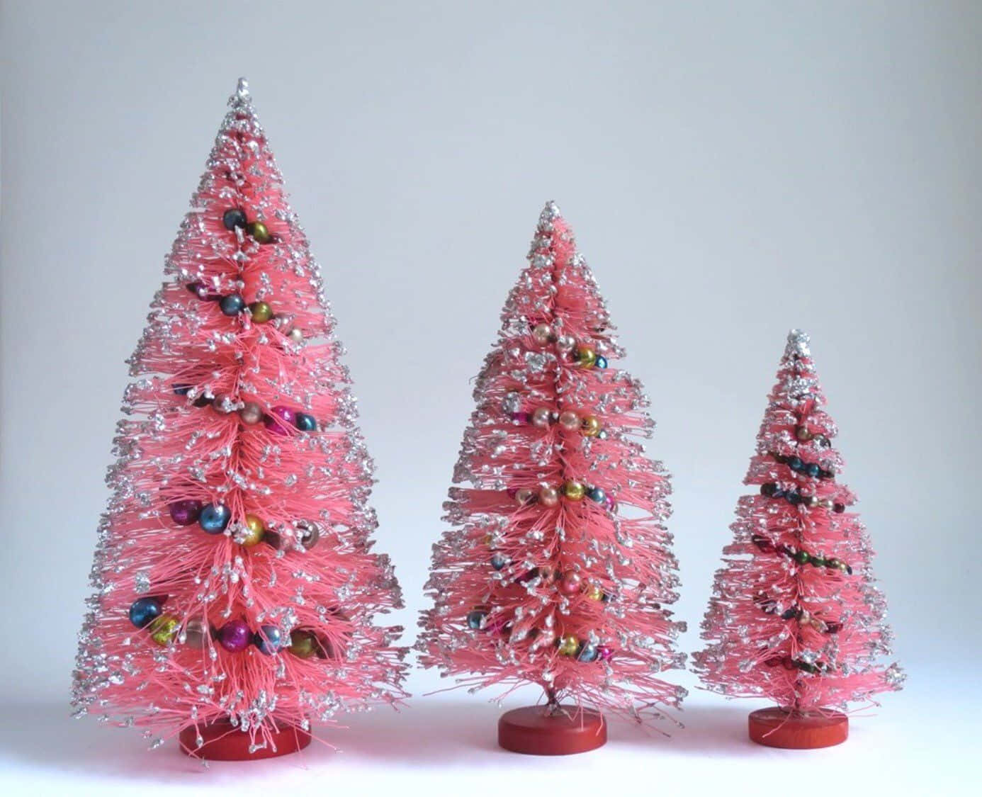 vintage pink bottlebrush Christmas trees, colorful beads, plain white background, HD Desktop Wallpaper