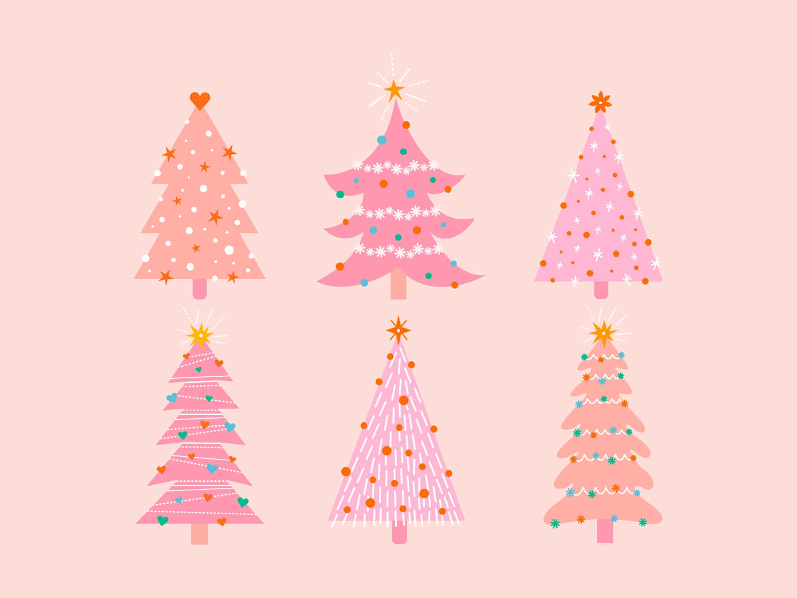 pink Christmas trees, stars, hearts, HD Desktop Wallpaper