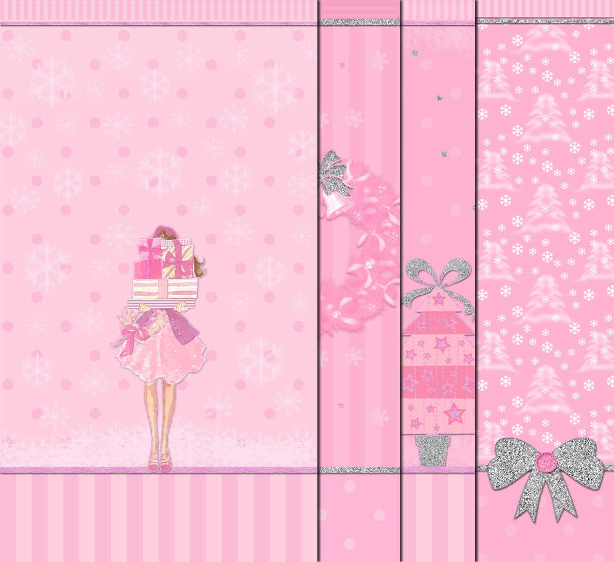 cute pink christmas, girl holding gifts, snowflakes, SD Desktop Wallpaper