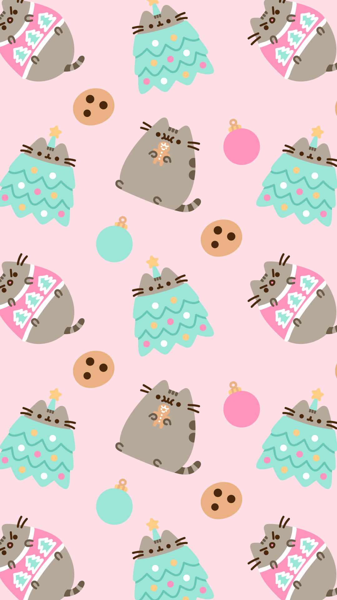pink christmas, cartoon cats, Christmas trees, Full HD Phone Wallpaper