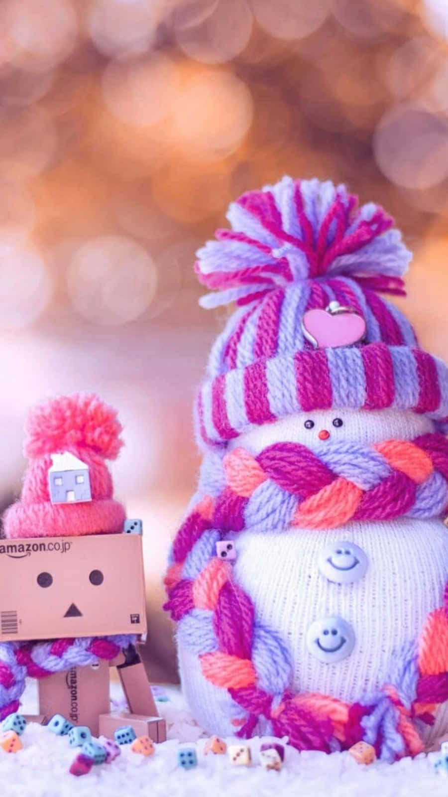 Cute Pink Christmas Snowman, knitted snowman, striped hat, HD Phone Wallpaper