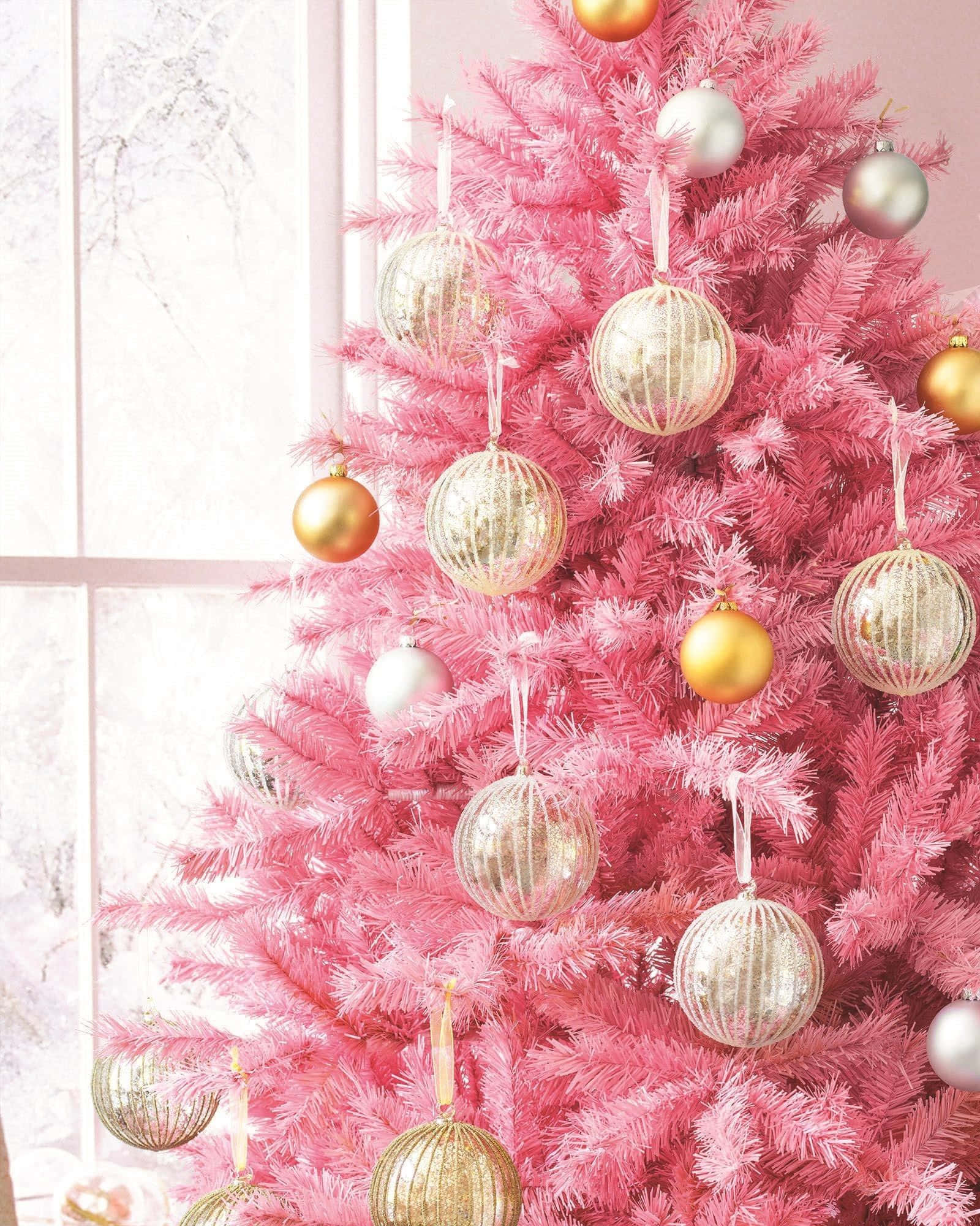 Pink Christmas Tree, shimmering gold and silver ornaments, snowy window, Full HD Phone Wallpaper