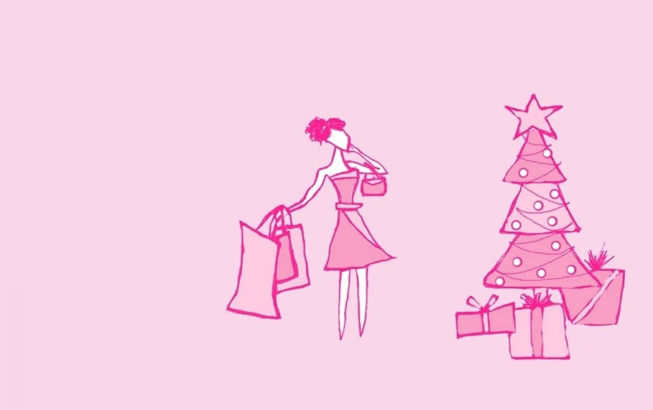 Pink christmas, line-art woman, shopping bags, HD Desktop Wallpaper