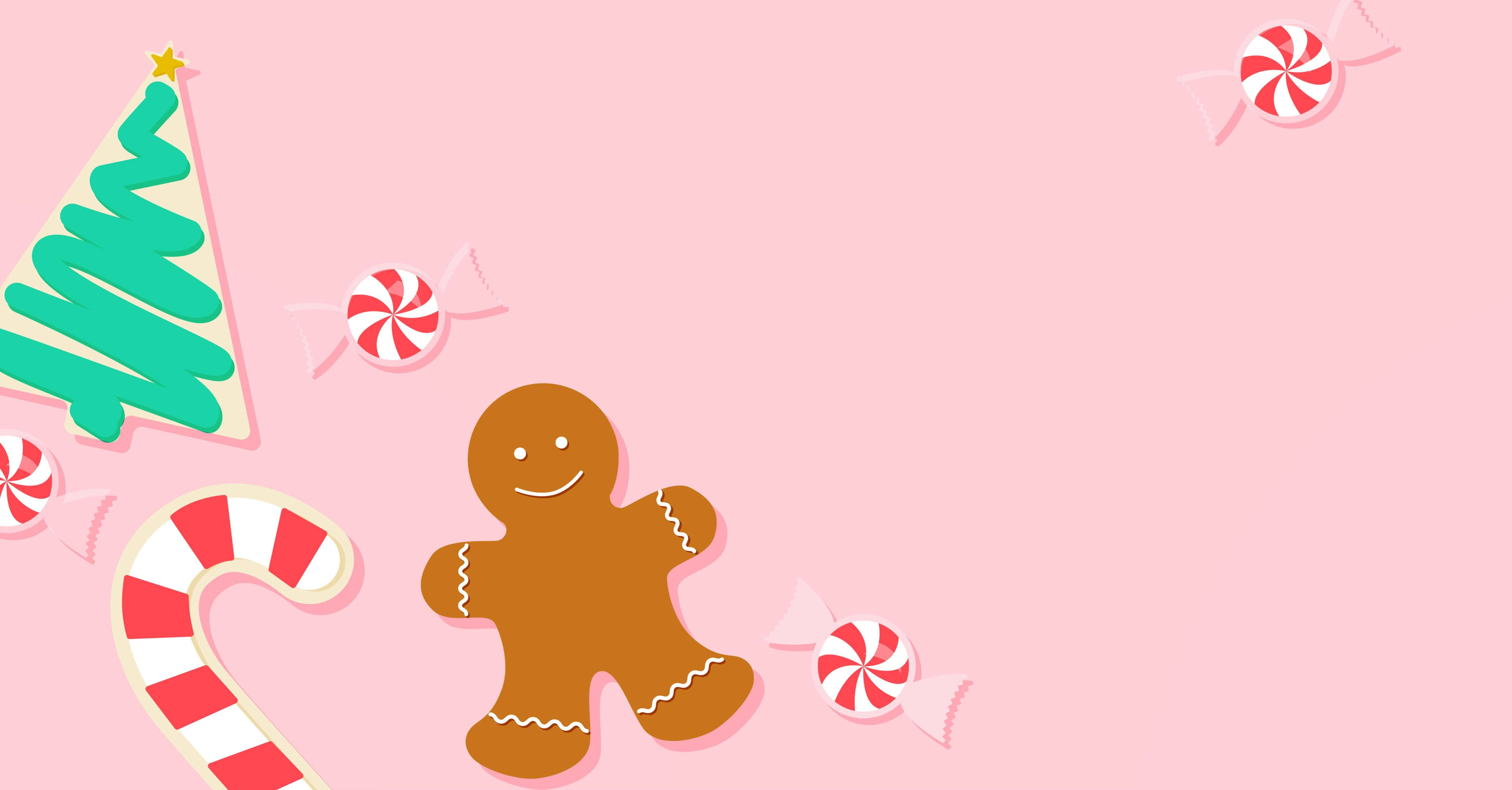 Cute Pink Christmas, gingerbread man, candy cane, 5K Desktop Wallpaper